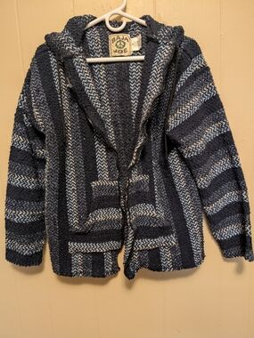 Baja Joe Earth Ragz Zip-Up Baja Hoodie Navy Blue Striped Size M